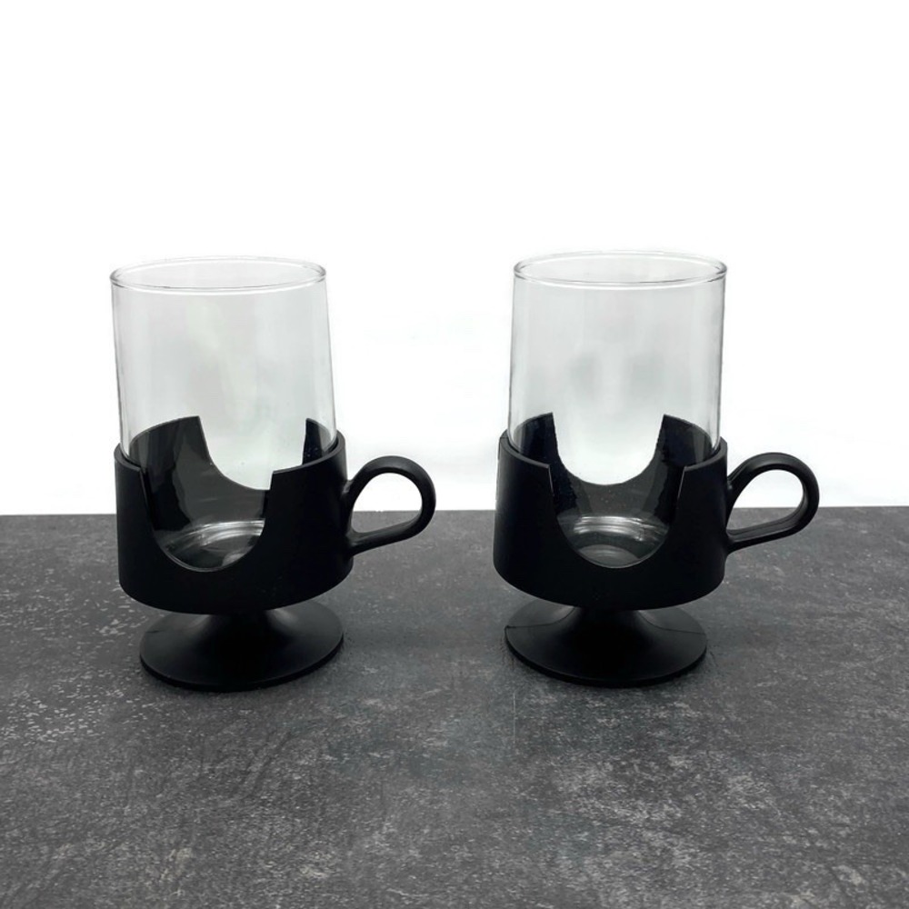 Vintage Set of 2 Glas-Snap byโ Corning 10oz Glasses Black Plastic Footed Holders